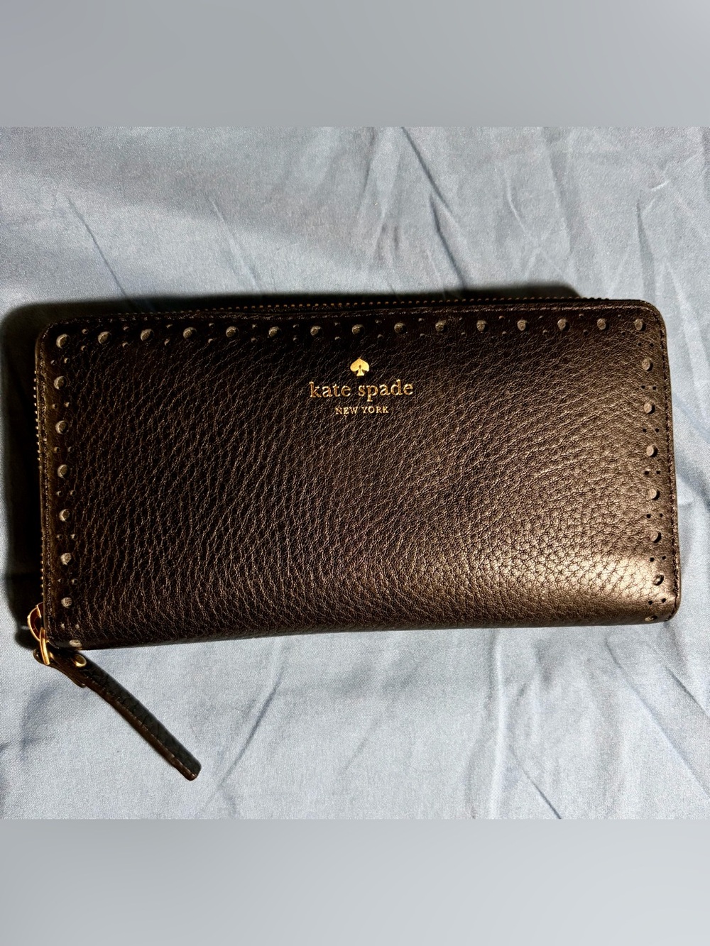 kate spade Black Pebbled Leather Zip Wallet with Stud Trim
